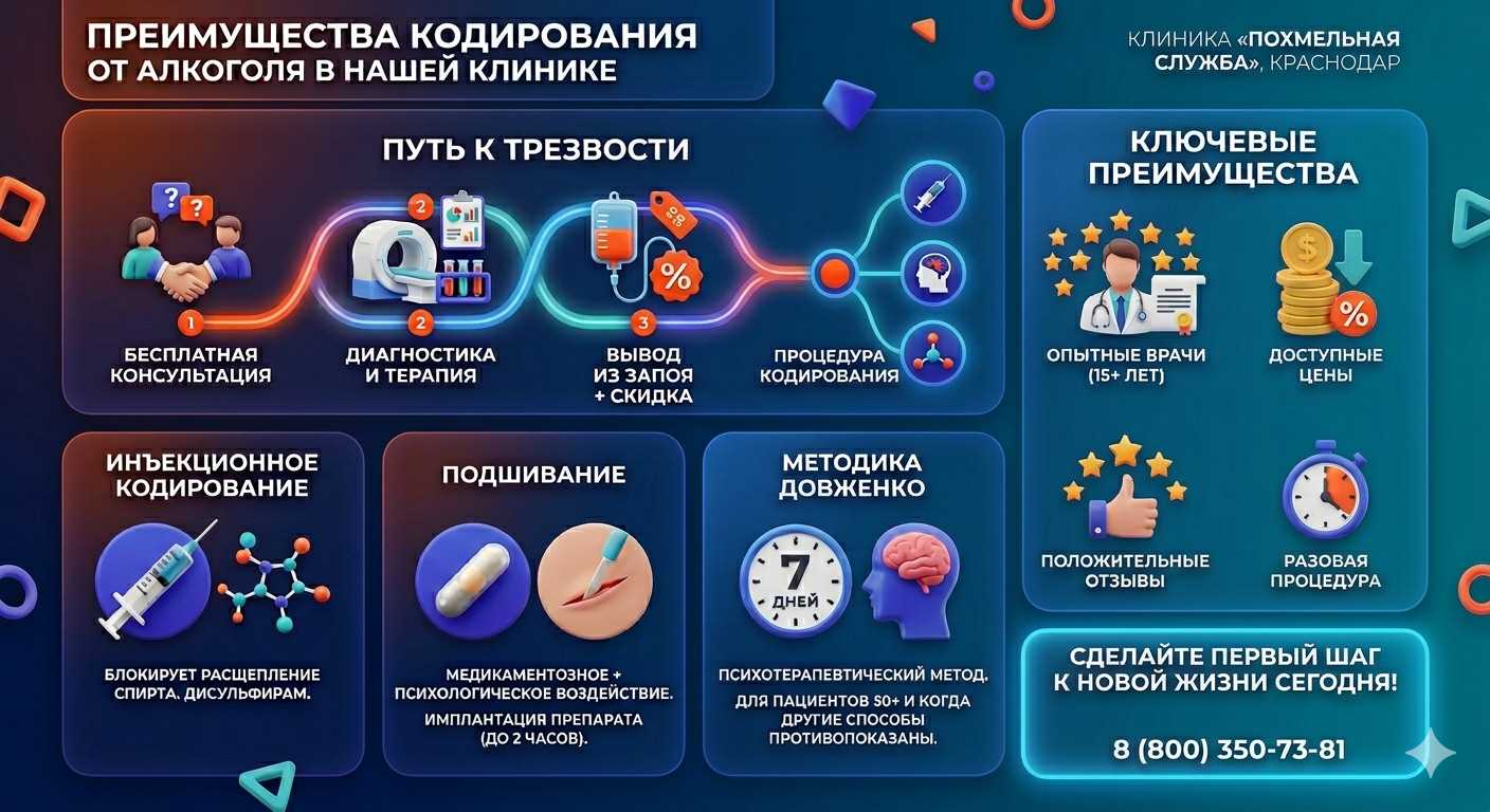 Инфографика о методах кодирования от алкоголя в Южно-Кубанском: инъекции, подшивание, метод Довженко. Преимущества клиники и этапы лечения.
