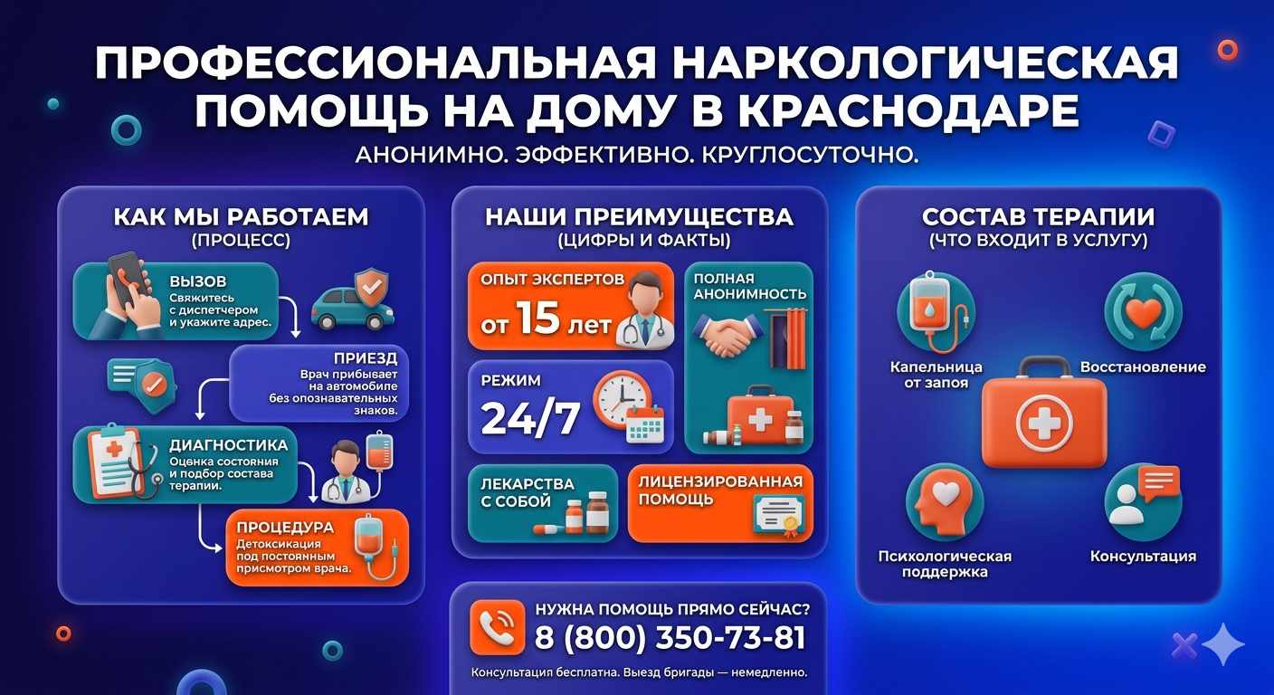 Инфографика о принципах лечения алкоголизма на дому в Южно-Кубанском: этапы вызова нарколога, преимущества анонимной детоксикации и состав медицинской помощи.